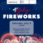 Flyer promoting the Oak Lawn 4th of July Fireworks Show on Saturday, July 4, at Richards High School in Oak Lawn, with fireworks beginning at dusk.