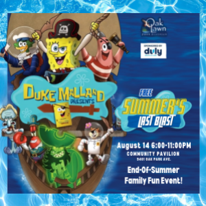 Promotional flyer for Oak Lawn Park District's Summer's Last Blast featuring SpongeBob-themed activities, games, outdoor movie, and family fun on August 14 at the Community Pavilion.