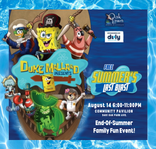 Promotional flyer for Oak Lawn Park District's Summer's Last Blast featuring SpongeBob-themed activities, games, outdoor movie, and family fun on August 14 at the Community Pavilion.