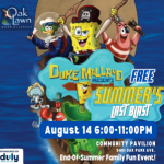 Promotional flyer for Oak Lawn Park District's Summer's Last Blast featuring SpongeBob-themed activities, games, outdoor movie, and family fun on August 14 at the Community Pavilion.