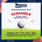 Promotional flyer for the Stony Creek Independence Day Scramble golf outing hosted by the Oak Lawn Park District on Sunday, July 5.