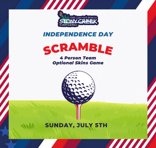Promotional flyer for the Stony Creek Independence Day Scramble golf outing hosted by the Oak Lawn Park District on Sunday, July 5.