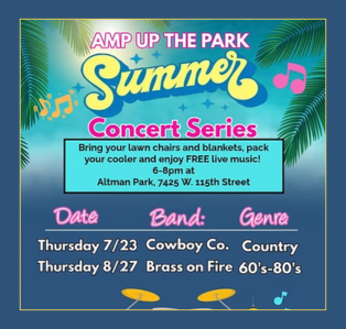 Flyer promoting the Worth Park District Amp Up the Park Summer Concert Series at Altman Park. Free concerts will be held on Thursday, July 23, featuring Cowboy Co., and Thursday, August 27, featuring Brass on Fire, from 6:00 p.m. to 8:00 p.m. at 7425 W. 115th Street in Worth, Illinois.