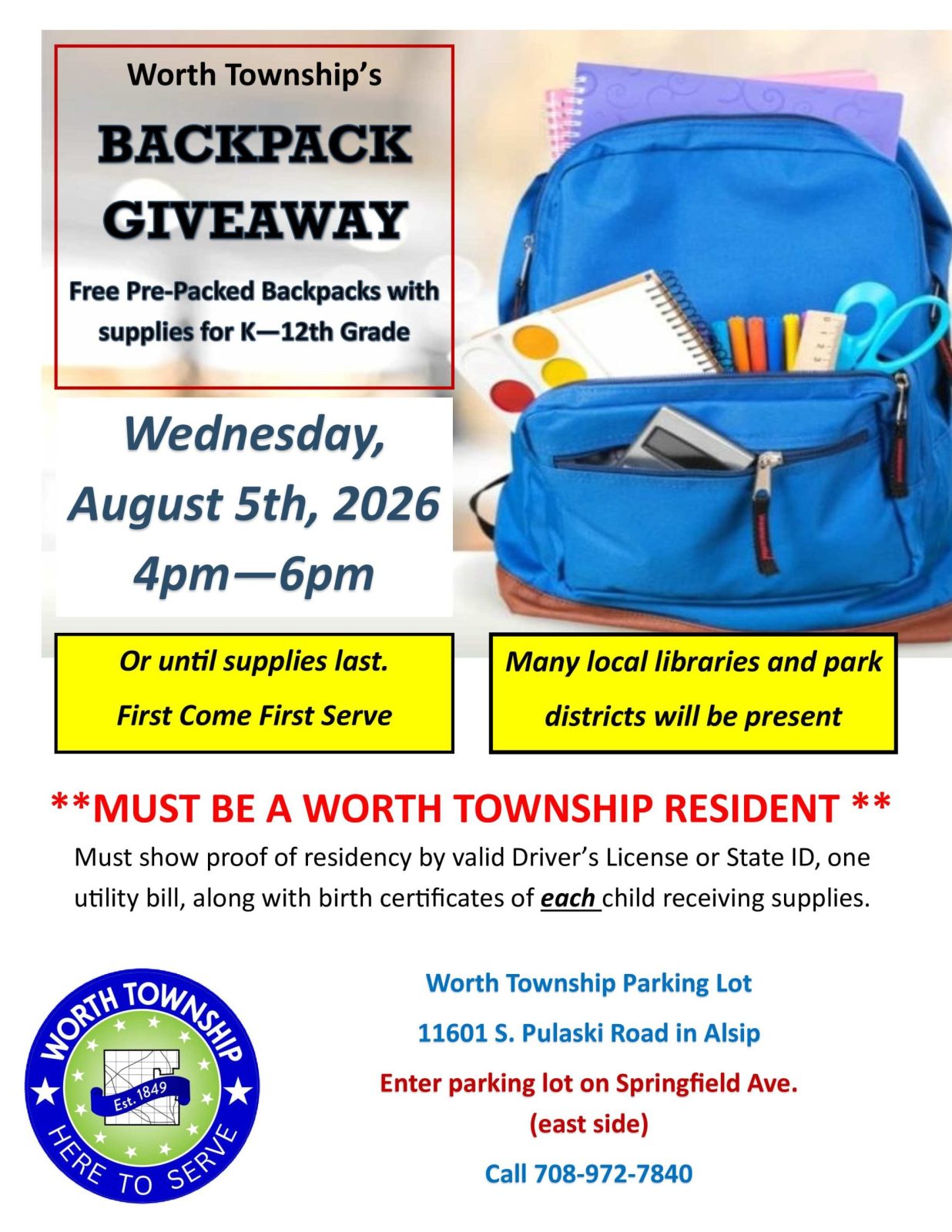 worth-township-2026-backpack-giveaway Preview of the Worth Township Backpack Giveaway flyer featuring a blue backpack with school supplies and information about free pre-packed backpacks for students in kindergarten through 12th grade.