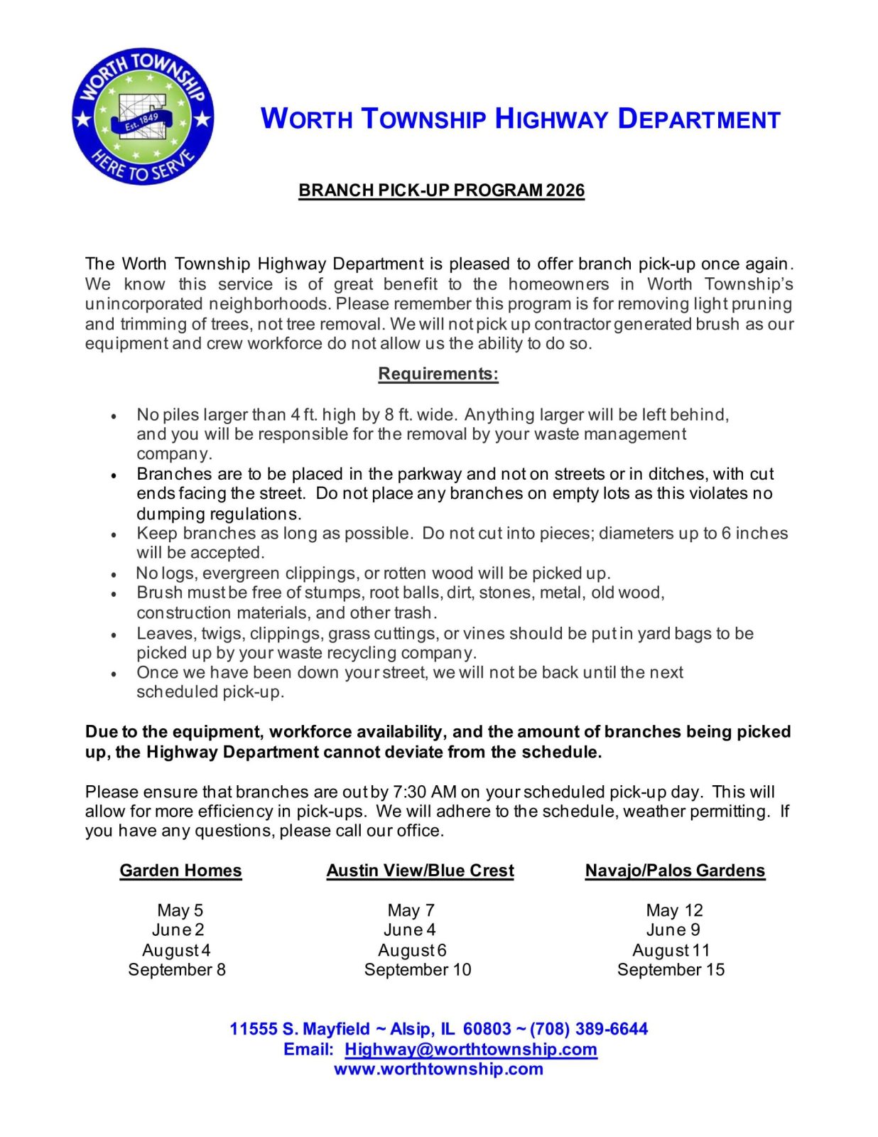 worth-township-2026-branch-pickup-program Worth Township Highway Worth Township Highway Department Branch Pick-Up Program 2026 flyer outlining branch collection guidelines, pickup requirements, and neighborhood schedules.
