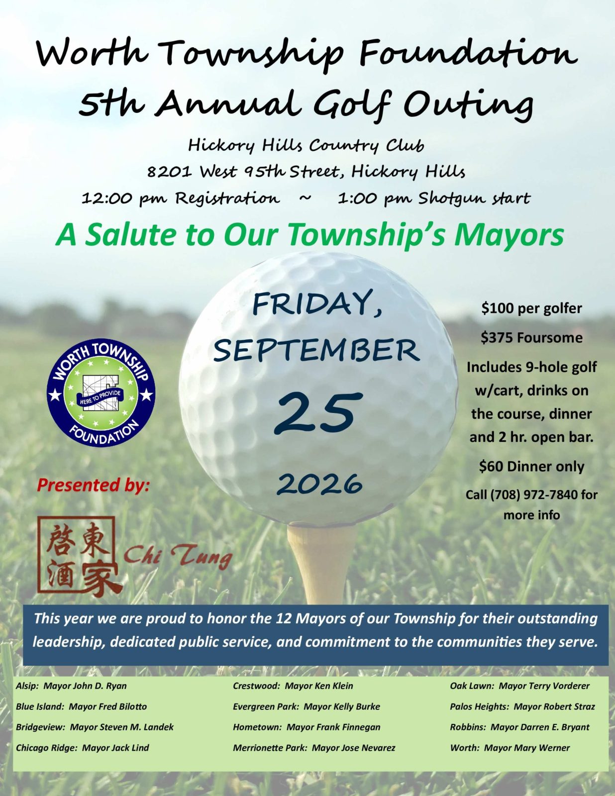 worth-township-foundation-5th-annual-golf-outing-2026 Promotional flyer for the Worth Township Foundation 5th Annual Golf Outing on September 25, 2026, featuring a golf ball on a tee, event details, registration pricing, and a tribute to the Township's mayors.