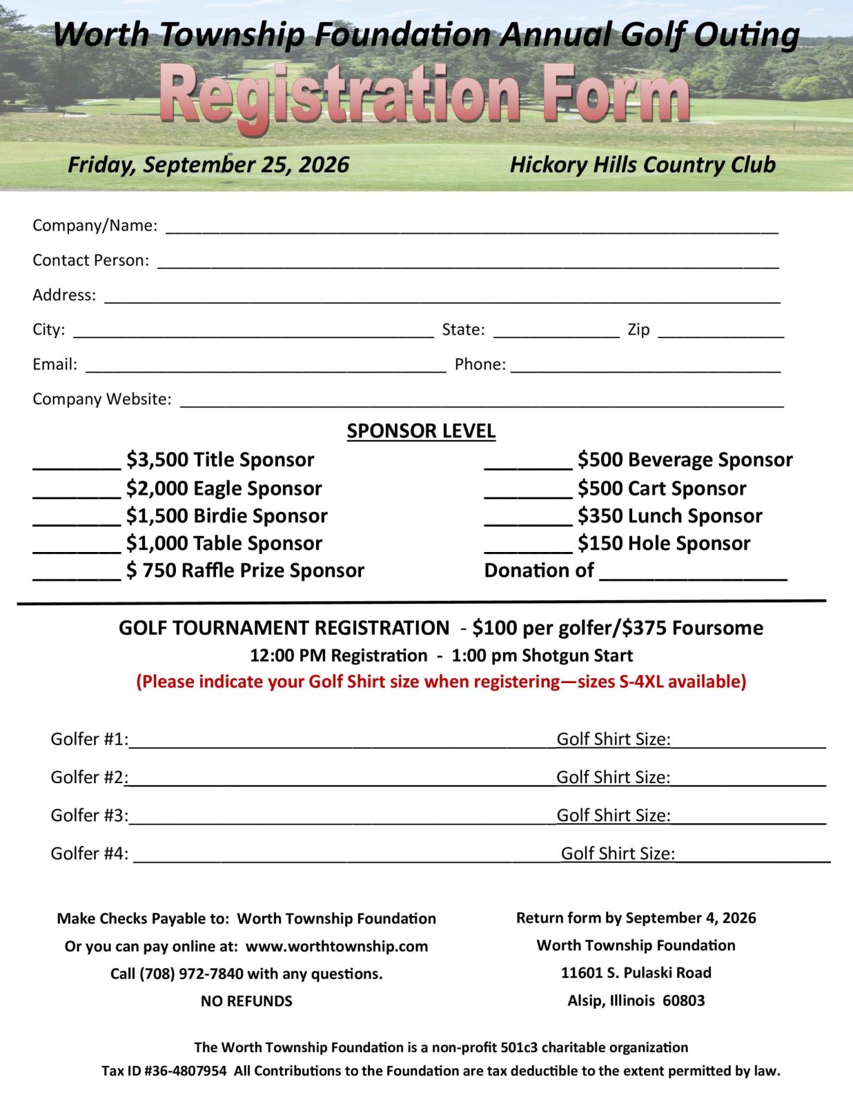 worth-township-foundation-annual-golf-outing-registration-form-2026 Worth Township Foundation 2026 Annual Golf Outing registration form with golfer registration, sponsorship levels, event details, and payment information for the September 25 event at Hickory Hills Country Club.