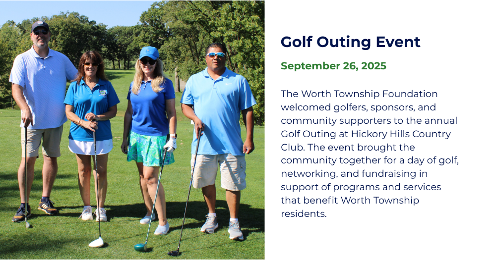 Golfers pose together on the course during the 2025 Worth Township Foundation Golf Outing at Hickory Hills Country Club.
