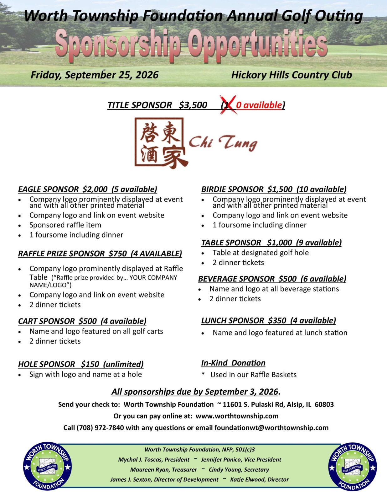 worth-township-foundation-golf-outing-sponsorship-opportunities-2026 Worth Township Foundation 2026 Golf Outing sponsorship opportunities listing available sponsorship levels, benefits, pricing, and contact information for the September 25 fundraiser at Hickory Hills Country Club.