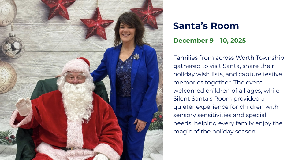 Township official poses with Santa Claus during Worth Township's Santa's Room holiday event in December 2025.