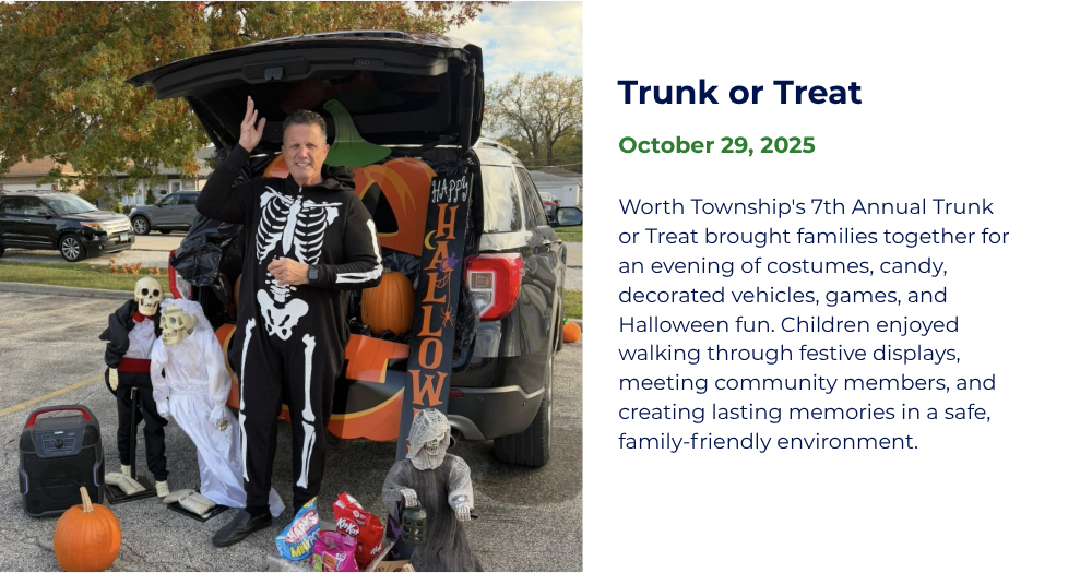 Families gather for Worth Township's 7th Annual Trunk or Treat, featuring decorated vehicles, costumes, games, and Halloween activities.