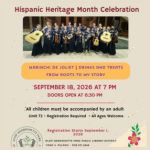 Flyer promoting the Hispanic Heritage Month Celebration on September 18, 2026, featuring Mariachi de Joliet, drinks, treats, and family-friendly activities at the Alsip-Merrionette Park Public Library District.