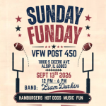 Sunday Funday event flyer for VFW Post 450 in Alsip featuring football-themed graphics, live music by Liam Durkin, hamburgers, hot dogs, and community fun on Sunday, September 13, 2026, from 12:00 PM to 6:00 PM at 11800 S. Cicero Avenue, Alsip, IL 60803.
