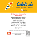 Flyer promoting the Bridgeview Community Blood Drive hosted by the American Red Cross on Friday, August 21, 2026, at the Bridgeview Park District.