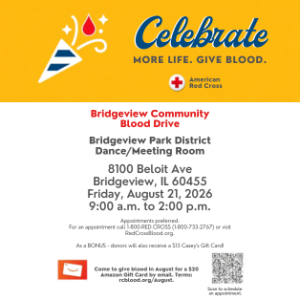 Flyer promoting the Bridgeview Community Blood Drive hosted by the American Red Cross on Friday, August 21, 2026, at the Bridgeview Park District.