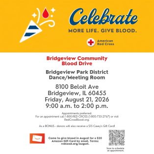 Flyer promoting the Bridgeview Community Blood Drive hosted by the American Red Cross on Friday, August 21, 2026, at the Bridgeview Park District.