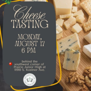 Promotional graphic for the Green Space Project Cheese Tasting on August 17, 2026, featuring assorted cheeses, crackers, and event details.