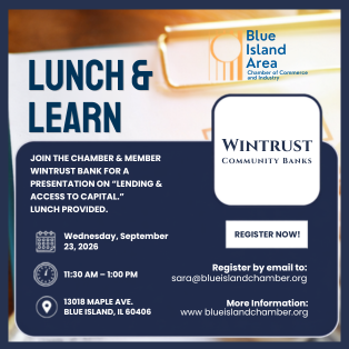 Promotional graphic for the Blue Island Area Chamber of Commerce Lunch & Learn featuring Wintrust Community Banks on lending and access to capital.