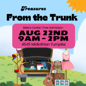 Promotional graphic for Treasures From the Trunk featuring a vehicle filled with items for sale and event details for August 22 at Beila's Center.