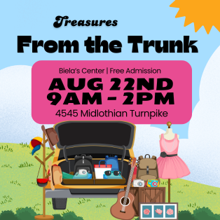Promotional graphic for Treasures From the Trunk featuring a vehicle filled with items for sale and event details for August 22 at Beila's Center.