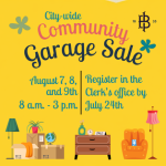 Promotional graphic for the City-wide Community Garage Sale in Blue Island. The event takes place August 7–9 from 8:00 a.m. to 3:00 p.m. Residents were asked to register at the Clerk's Office by July 24. The graphic features colorful illustrations of household items, furniture, moving boxes, lamps, and home décor on a bright yellow background.