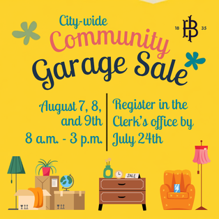 Promotional graphic for the City-wide Community Garage Sale in Blue Island. The event takes place August 7–9 from 8:00 a.m. to 3:00 p.m. Residents were asked to register at the Clerk's Office by July 24. The graphic features colorful illustrations of household items, furniture, moving boxes, lamps, and home décor on a bright yellow background.