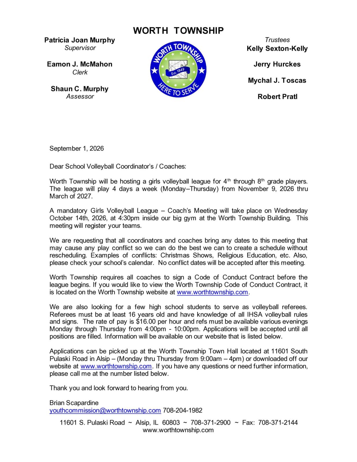 Worth Township 2026–2027 Girls Volleyball League letter for school volleyball coordinators and coaches.