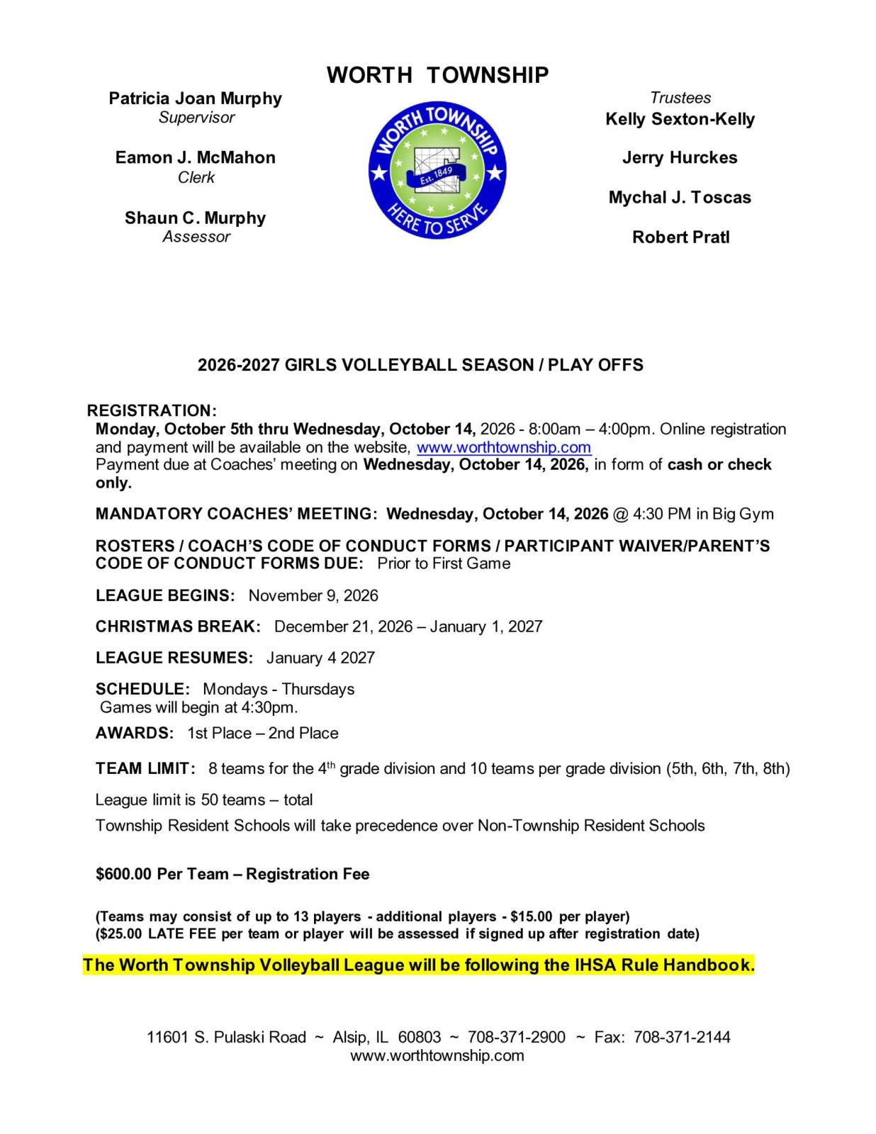 Worth Township 2026–2027 Girls Volleyball Season registration information for grades 4–8.