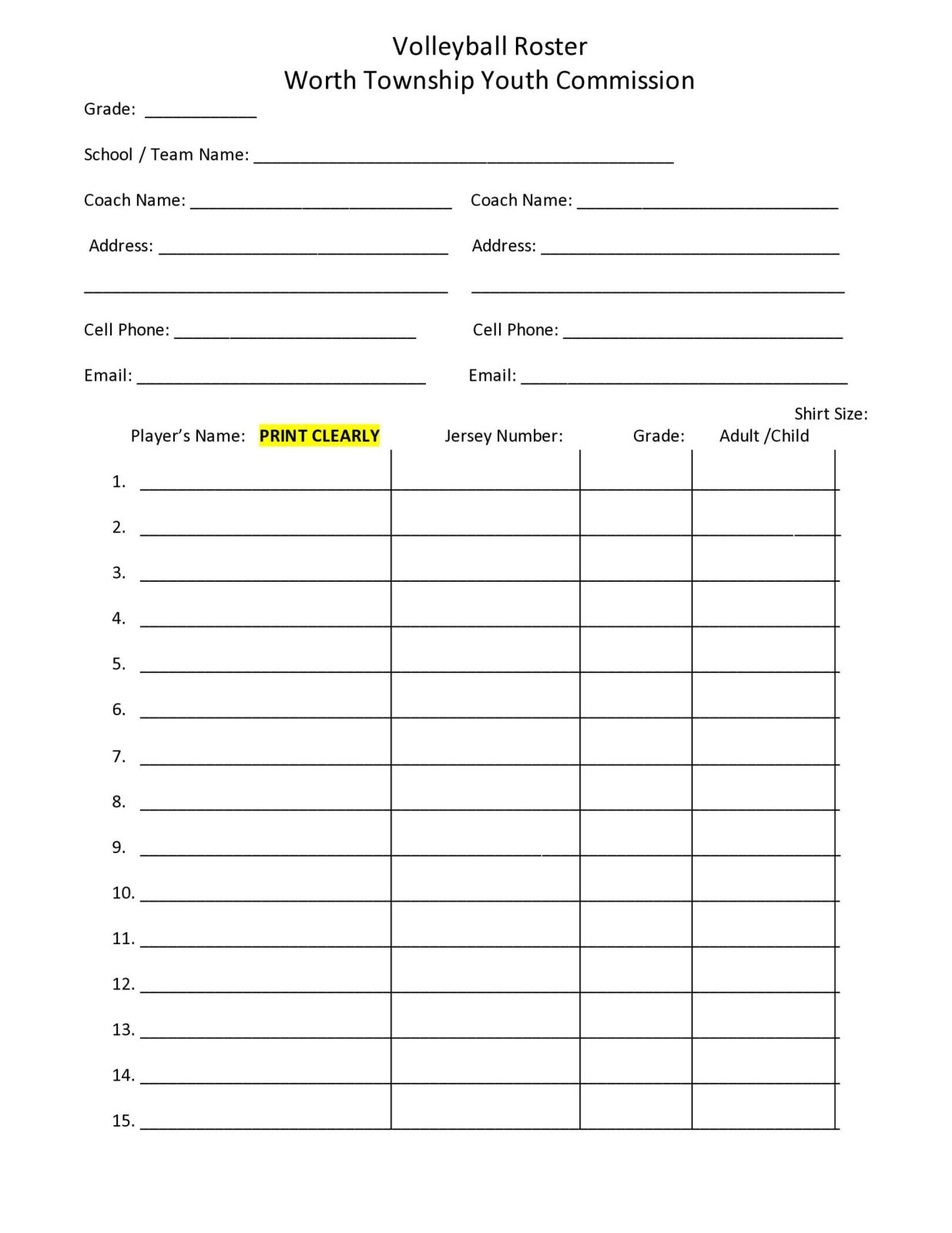 Worth Township Youth Commission Volleyball Roster form for team and player information.