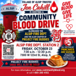 Community Blood Drive flyer hosted by Village of Alsip Trustee Jen Cahill featuring the Alsip Fire Department, Project Fire Buddies, and The Community Blood Center. The event takes place Friday, October 23, 2026, from 7:30 AM to 12:30 PM at Alsip Fire Department Station 2, with a $5 all-you-can-eat pancake and sausage breakfast following blood donations.