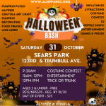 Halloween Bash event flyer featuring family-friendly Halloween activities at Sears Park on Saturday, October 31, including a costume contest, Trick or Trunk, hayrides, inflatables, food trucks, and the Haunts Against Hunger food drive.