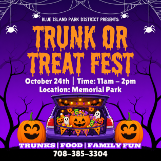 Blue Island Trunk or Treat Fest flyer promoting a Halloween event at Memorial Park on Saturday, October 24, from 11:00 AM to 2:00 PM featuring decorated trunks, food, music, and family-friendly activities.