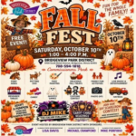 Bridgeview Park District Fall Fest flyer promoting a free family event on Saturday, October 10, at Commissioners Park featuring pony rides, a petting zoo, hayrides, face painting, live music, costume contest, pumpkin patch, games, and seasonal activities.