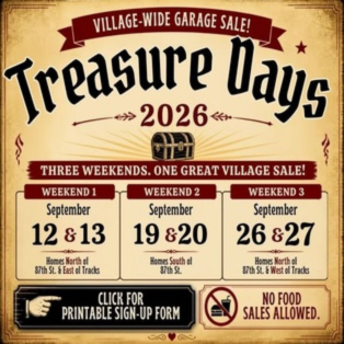 Treasure Days 2026 flyer promoting the final weekend of the Village-Wide Garage Sale on September 26–27 in Bridgeview, featuring homes north of 87th Street and west of the railroad tracks, along with a reminder that no food sales are allowed.