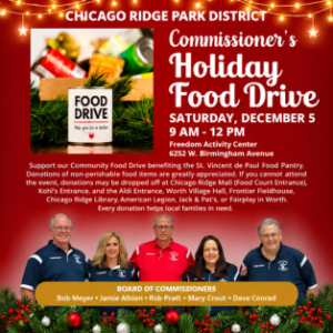 Commissionerโs Holiday Food Drive on December 5, 2026, from 9 AM to noon at Freedom Activity Center, benefiting the St. Vincent de Paul Food Pantry.
