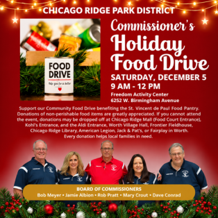 Commissioner’s Holiday Food Drive on December 5, 2026, from 9 AM to noon at Freedom Activity Center, benefiting the St. Vincent de Paul Food Pantry.