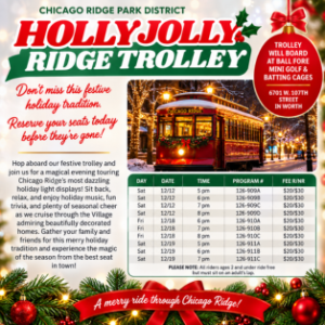 Holly Jolly Ridge Trolley holiday light tours December 12, 18 and 19, 2026, boarding at Ball Fore Miniature Golf and Batting Cages.