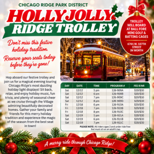 Holly Jolly Ridge Trolley holiday light tours December 12, 18 and 19, 2026, boarding at Ball Fore Miniature Golf and Batting Cages.