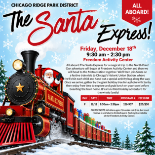 The Santa Express holiday train trip on December 18, 2026, from 9:30 AM to 2:30 PM, departing from Freedom Activity Center.