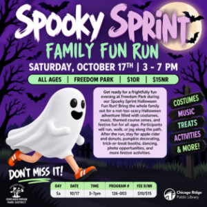 Spooky Sprint Family Fun Run at Freedom Park on Saturday, October 17, 2026, from 3:00 PM to 7:00 PM for all ages.