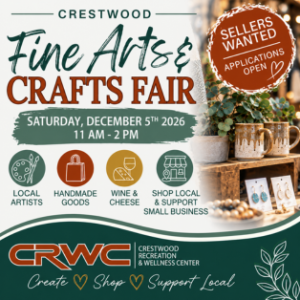 Crestwood Fine Arts & Crafts Fair on Saturday, December 5, 2026, from 11 AM to 2 PM, featuring local artists, handmade goods, wine and cheese.