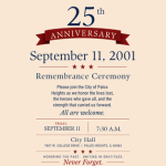 25th Anniversary September 11 Remembrance Ceremony flyer featuring the event date, time, and location at Palos Heights City Hall with a patriotic ribbon and "We Will Never Forget" message.