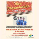 The Throwbacks bonus concert flyer for Thursday, September 10, 2026, from 6:30–8:00 PM at Memorial Park in Palos Heights.
