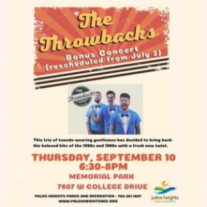 The Throwbacks bonus concert flyer for Thursday, September 10, 2026, from 6:30–8:00 PM at Memorial Park in Palos Heights.