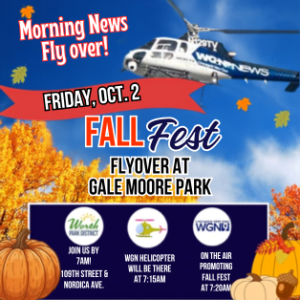 Promotional flyer for the Worth Park District Fall Fest Flyover featuring the WGN News helicopter flying over Gale Moore Park on Friday, October 2 at 7:00 AM.