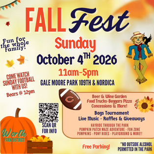 Worth Park District Fall Fest promotional flyer for Sunday, October 4, 2026, featuring family activities, live music, food trucks, a pumpkin patch, raffles, giveaways, and the Chicago Bears pregame broadcast at Gale Moore Park.