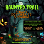 Haunted Trail event flyer for the Worth Park District on Friday, October 23 from 6:30 PM to 9:00 PM featuring a lantern-lit haunted trail with spooky Halloween characters and ticket information.