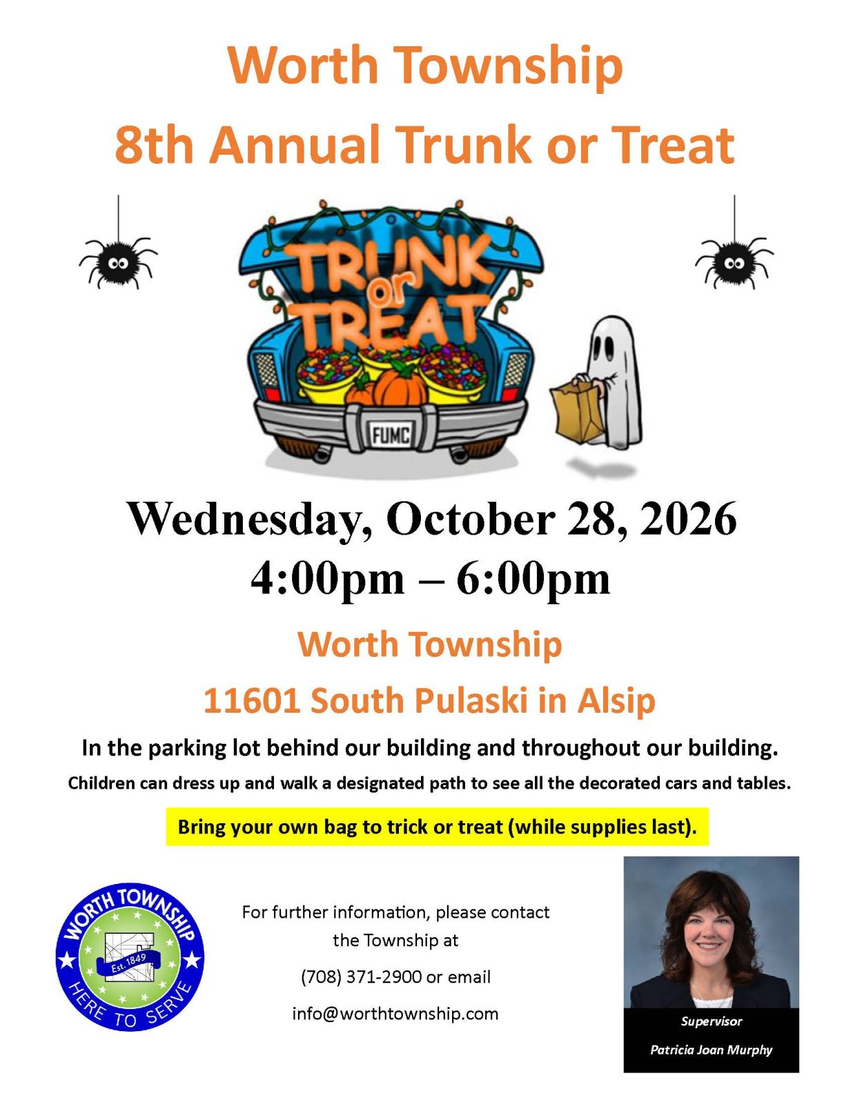 2026-trunk-or-treat-flyer Worth Township 8th Annual Trunk or Treat on Wednesday, October 28, 2026, from 4:00โ6:00 PM at 11601 S. Pulaski Road in Alsip.