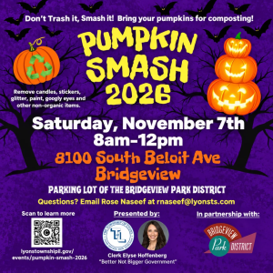 Pumpkin Smash 2026 event flyer for November 7 from 8 AM to 12 PM at the Bridgeview Park District parking lot in Bridgeview.