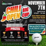 Chili Open golf scramble on November 7 with a 10 AM shotgun start, four-person teams, prizes, breakfast and a chili buffet.